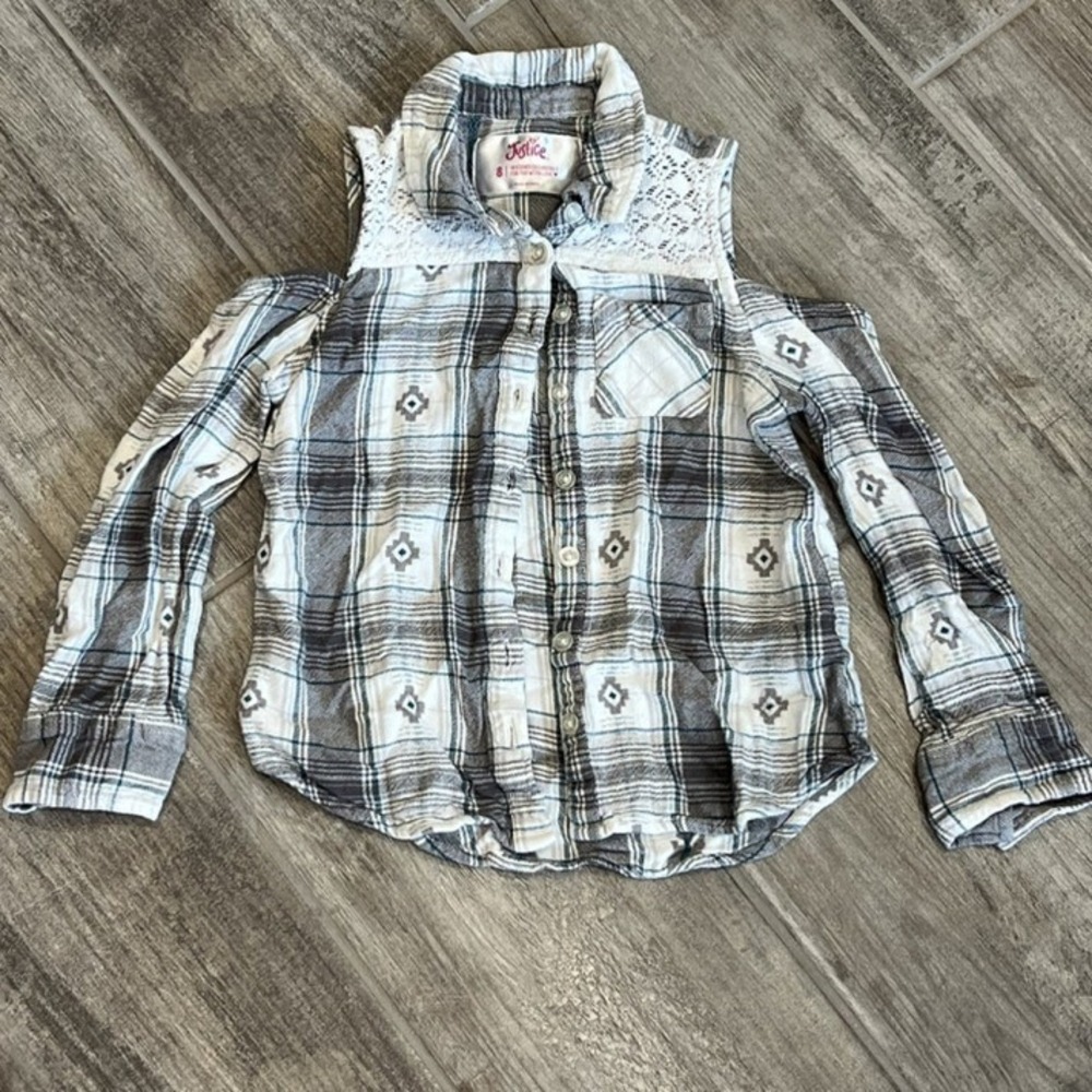 Justice Girls Plaid Lace Trim Cold Shoulder Long Sleeve Shirt Cowgirl Size 8